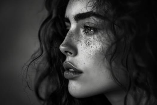 A black and white portrait of a woman with natural freckles scattered across her face, capturing her unique beauty and charm.