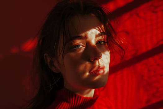 A woman with flowing long hair wearing a vibrant red sweater stands confidently.