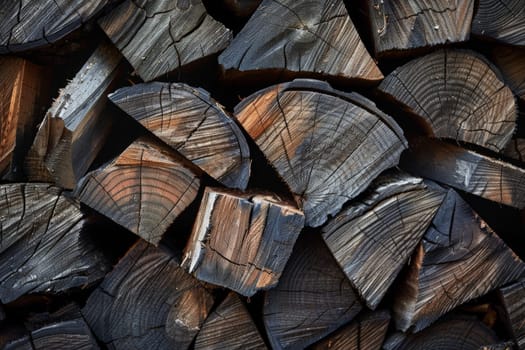 A pile of wood that has been precisely cut in half, creating a symmetrical and artistic arrangement of shapes and textures.