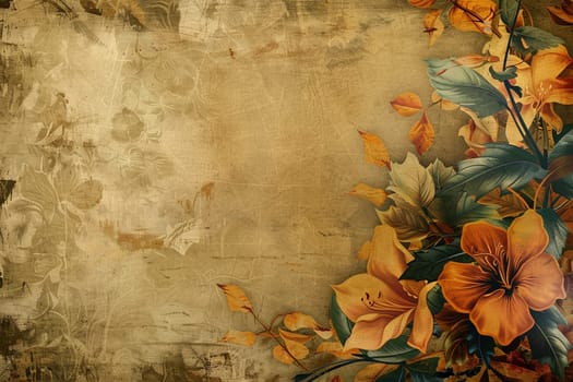 A beautiful painting of vibrant flowers blooming on a rich brown background, capturing the essence of natures beauty and tranquility.