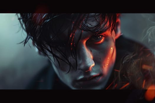 A focused close-up showcasing a person with dark hair, their intense gaze drawing in the viewer.