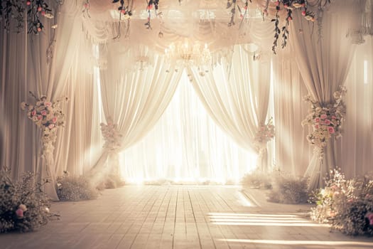 A beautifully decorated wedding stage featuring a stunning array of colorful flowers and a sparkling chandelier suspended from above.