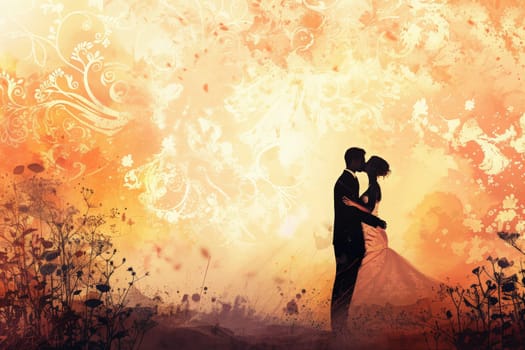 Silhouetted couple embracing against a vibrant sunset backdrop, with floral patterns adding a touch of romance.