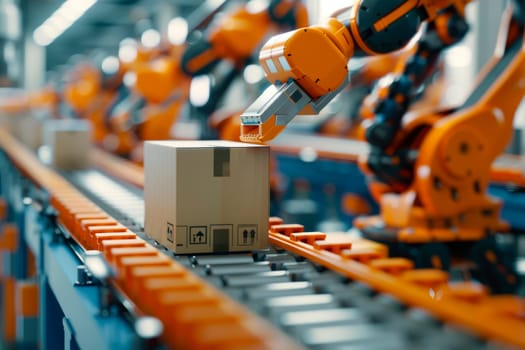 Automated conveyor systems. Orange robotic arms in a smart factory, industry 4.0 concept. AI generated