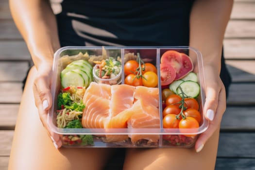 Healthy balanced lunch to eat at trip. Ready to eat on the go. Lunch in container for active people. Lunch box with healthy snacks. Healthy box with sliced vegetables and fruits. Fresh, healthy and convenient  meal. Eating outdoors