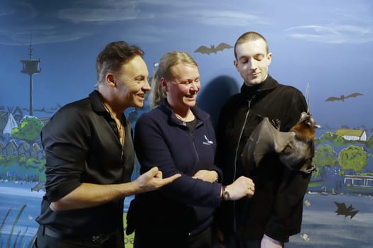 Rob Fowler,Christina Paape Genz (employee),Jonas Steppe,flying fox Foxy,DANCE OF THE VAMPIRES actors in Fledermaushöhle in Bad Segeberg, Press event at the Noctalis Bat Centre,sponsorship of the fruit bat Foxy