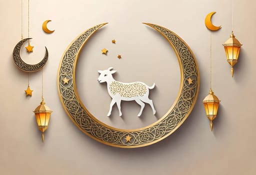 AI generated of a wallpaper of a goat and a crescent moon with gold stars and lanterns on it