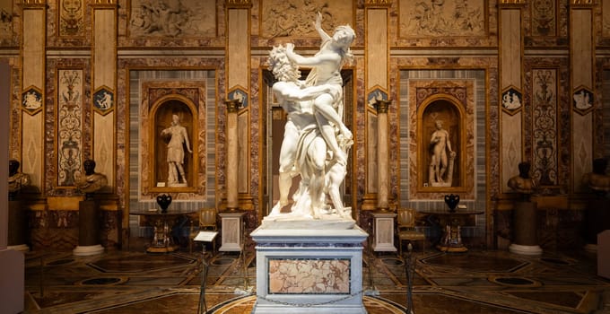 Rome, Italy - 28 December 2023: The Rape of Proserpina by Gian Lorenzo Bernini, 1622. Baroque marble sculpture in Galleria Borghese.