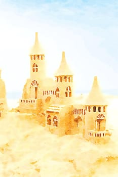 Creative illustration of sendcastles on a sunny beach with blue sky. Concept of leisure, holiday, vintage nostalgia memory