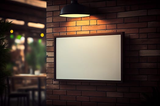 Mockup label, blank menu frame in Bar restaurant. Stand for booklets with white sheets paper in cafeteria blurred background