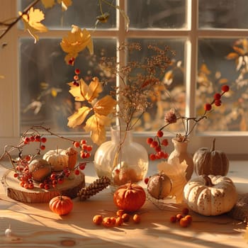 A beautiful decoration with various pumpkins generated by artificial intelligence