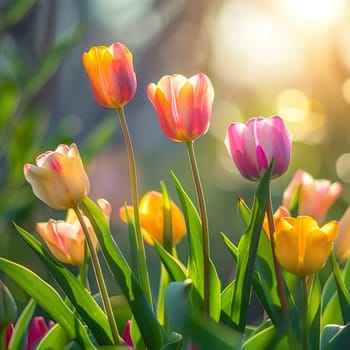 A background with beautiful blooming tulips generated by artificial intelligence
