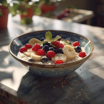 A delicious porridge with berries and banana generated by artificial intelligence
