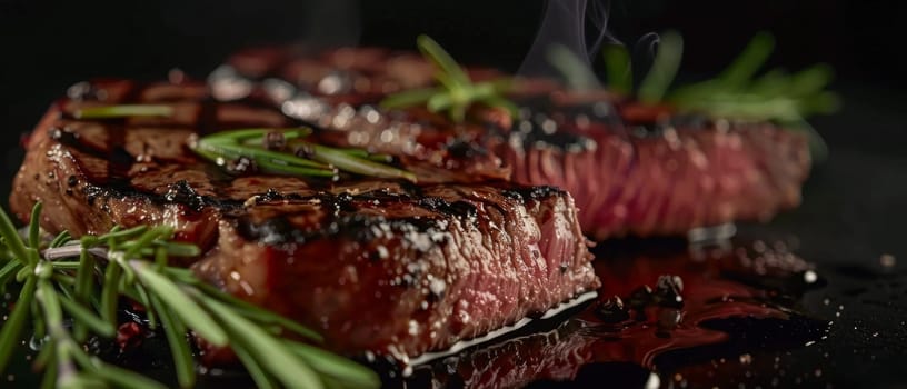 A mouthwatering grilled ribeye steak with a deeply caramelized crust and a vibrant, pink interior, garnished with fresh rosemary and seasonings
