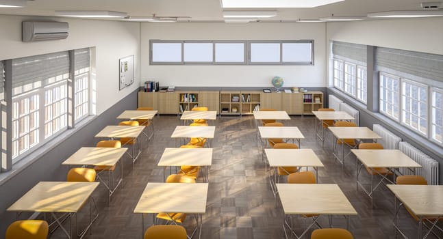 contemporary classroom interior, concept of education. 3d render
