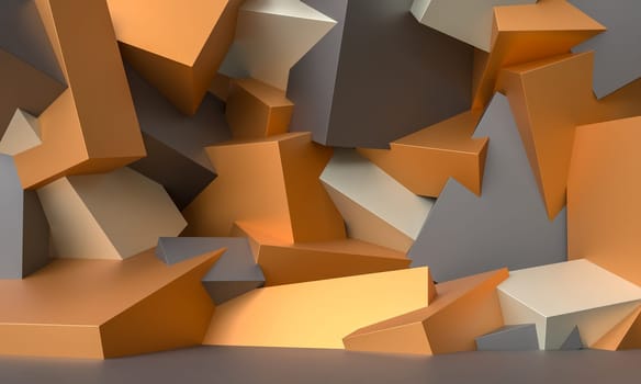 3d rendering of metallic cubes in orange and gray tones