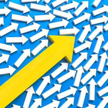 yellow arrow pointing upwards stands out among a multitude of white arrows