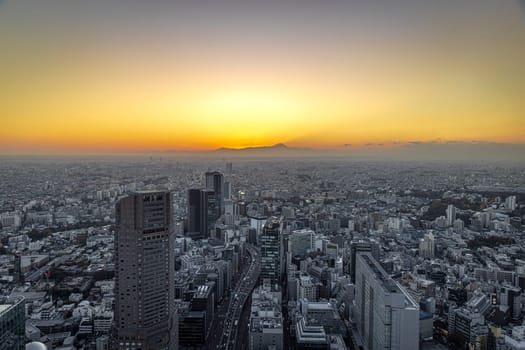 view of Tokyo city at sunset, fuji mountain in the background