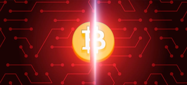 Bitcoin Halving. Coin on red background