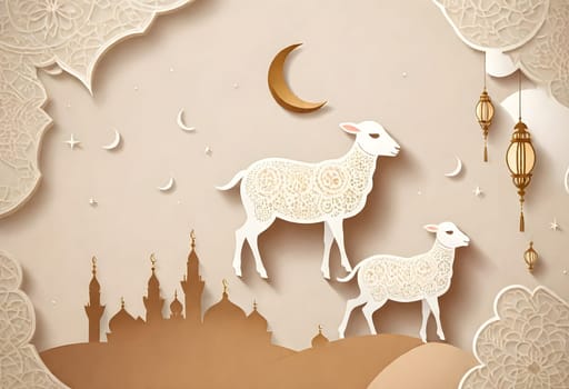 AI generated of two sheeps and crescent moons are on a wall with a city in the background