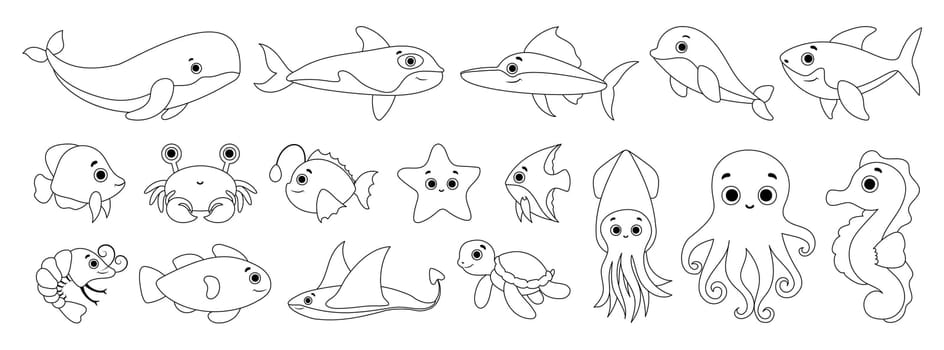 Set of black line icons of Sea Animals Stickers.