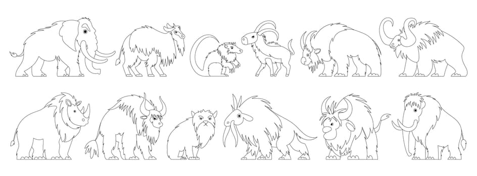 Set of icons of primitive animals, antediluvian beasts of the Stone Age. Elephant, mammoth, buffalo, bull, bison, saber tooth, wild cat, ram and goat in the form of the period BC.