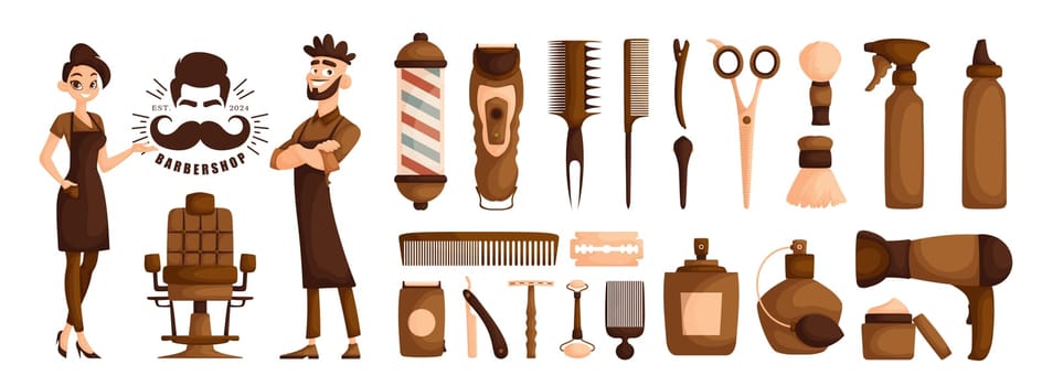 Set of isolated elements on the theme of a hairdressing salon. A guy and a girl are barbershop workers. Haircut machine, combs, scissors, hair dryer, razor, perfume, barbershop supplies