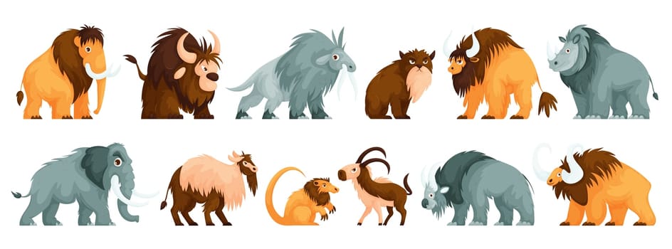 Set of isolated primitive animals, antediluvian beasts of the Stone Age. Elephant, mammoth, buffalo, bull, bison, saber tooth, wild cat, ram and goat in the form of the period BC.