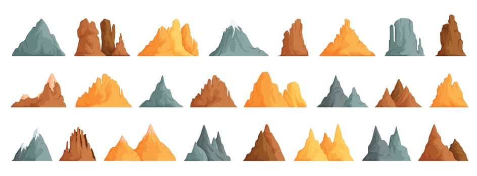 Vector set of isolated snowy mountains, mountain peak, hilltop, iceberg, natural landscape. Landscape camping and hiking. Outdoor travel, adventure, tourism