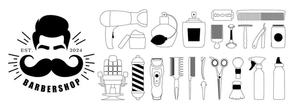 Set of black line icons of elements for hairdressing salon. Hair clipper, combs, scissors, hair dryer, razor, perfume, barbershop supplies