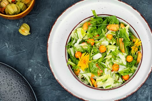 Simple and tasty dishes from wild plants. Healthy food concept. Vitamin salad. Flat lay