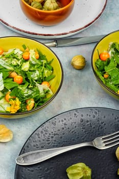 Simple and tasty dishes from wild plants. Healthy food concept. Vitamin salad. Flat lay