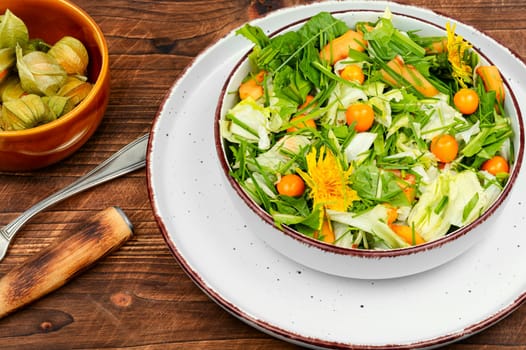 Simple and tasty dishes from wild plants. Healthy food concept. Vitamin salad. Flat lay