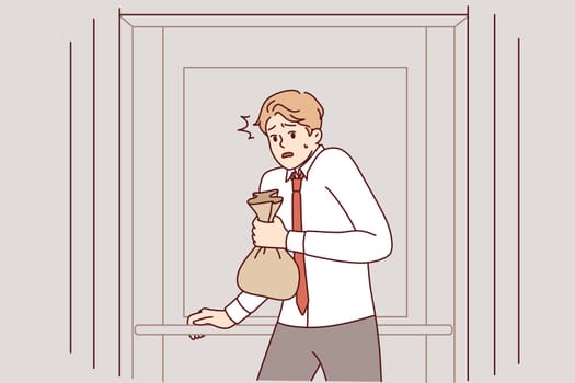 Business man stole bag of money hurries to exit, stands near door and experiences fear of being caught. Guy stole valuable things, trying to hide or run away from police arrived at crime scene