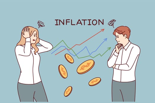 Inflation chart near business people suffering from depreciation of money and in need government subsidies. Financial analysts are concerned about beginning inflation crisis and approaching recession