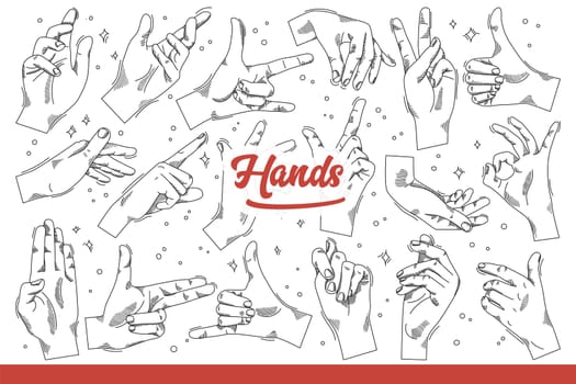 Gesturing hands of person giving non-verbal signal interlocutor. Hands using fingers and palms for demonstrate various gestures to communicate without words or to attract attention. Hand drawn doodle