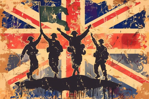 Grungy depiction of soldiers raising their arms in a symbolic gesture of unity and strength.
