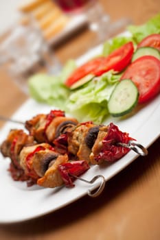 chicken meat on skewers and salad