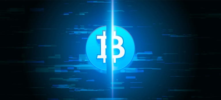 Bitcoin Halving. Blue coin on glitched background