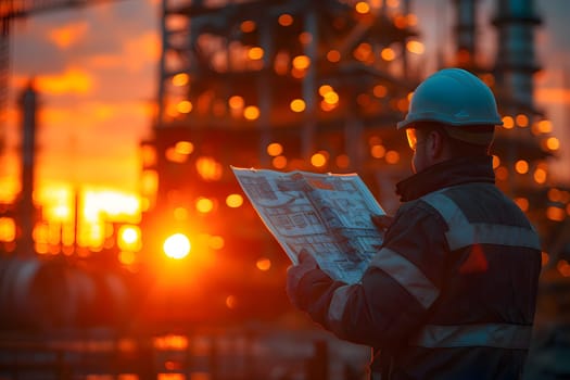 Construction workers on site, Engineer holding diagram are standing there supervising the contruction, Generative Ai
