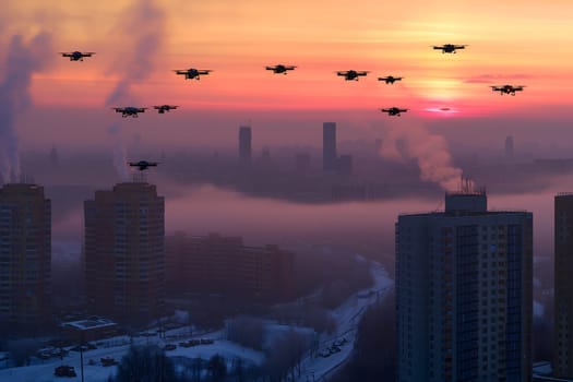 group of drones over city at winter sunset or sunrise. Neural network generated image. Not based on any actual scene or pattern.