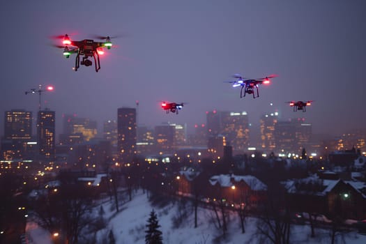 Group of drones over city at snowy winter night. Neural network generated image. Not based on any actual scene or pattern.