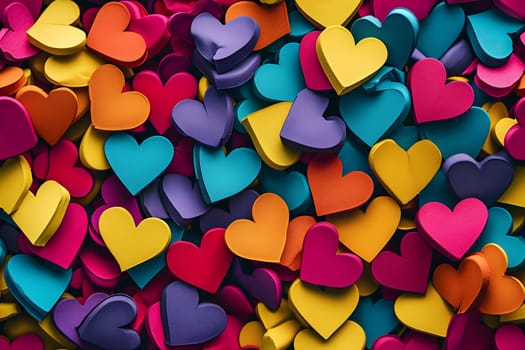Full-frame background of colorful hearts. Neural network generated image. Not based on any actual person or scene.