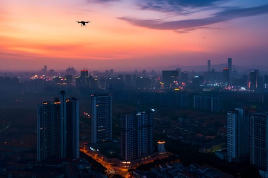one drone over city at summer sunset or sunrise. Neural network generated image. Not based on any actual scene or pattern.