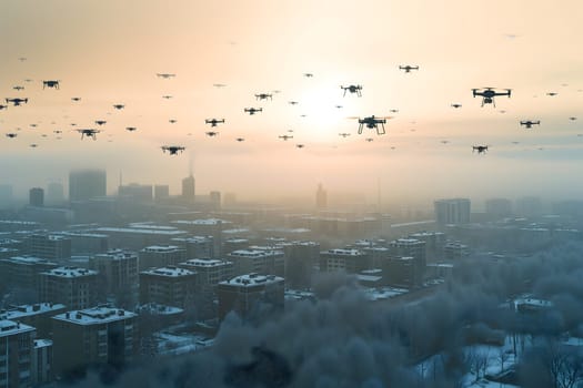 Group of drones over city at summer morning. Neural network generated image. Not based on any actual scene or pattern.