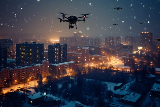 Group of drones over city at snowy winter night. Neural network generated image. Not based on any actual scene or pattern.