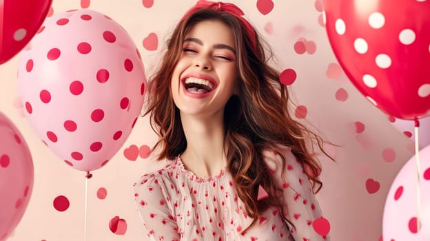 Young adult woman with red and pink air balloons laughing, on pink polka dots background. Happy holiday party. Joyful beauty having fun, celebrating Valentine's Day. Neural network generated image.