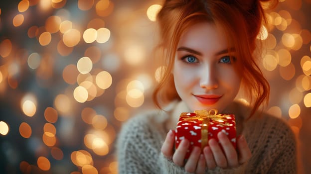 Beautiful redhead young adult woman with gift for Valentines Day with bokeh at background. Neural network generated image. Not based on any actual person or scene.