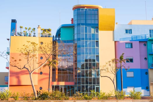 Albufeira, Portugal - April 28, 2024: Colorful facades of modern residential buildings photographed in Marina port of  Albufeira at the Algarve coast of Portugal