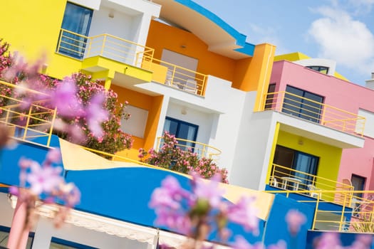 Albufeira, Portugal - April 28, 2024: Colorful modern residential buildings photographed in Marina port of  Albufeira at the Algarve coast of Portugal